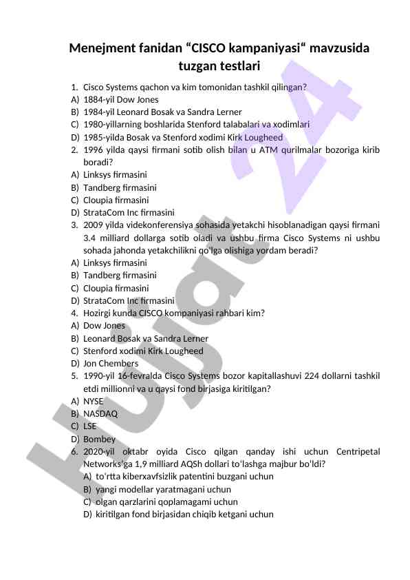 Cisco kampaniyasi mavzusida tuzilgan testlar