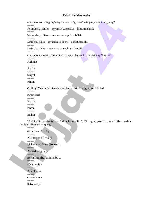 Falsafa Fanidan Testlar