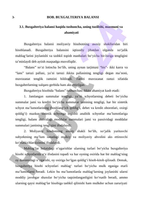 Buxgalteriya balansi tushunchasi va ahamiyati