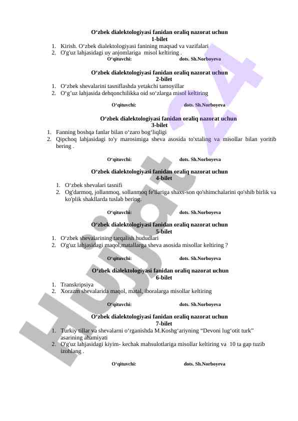 O‘zbek dialektologiyasi fanidan oraliq nazorat biletlar
