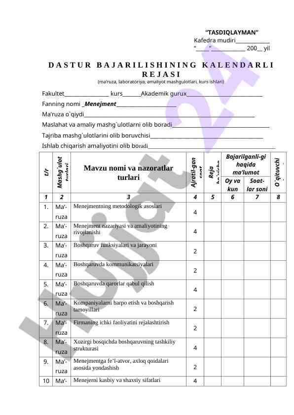 Menejment dastur bajarilishi rejasi