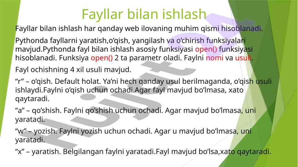 Fayllar bilan ishlash pythonda asosiy funksiyalar