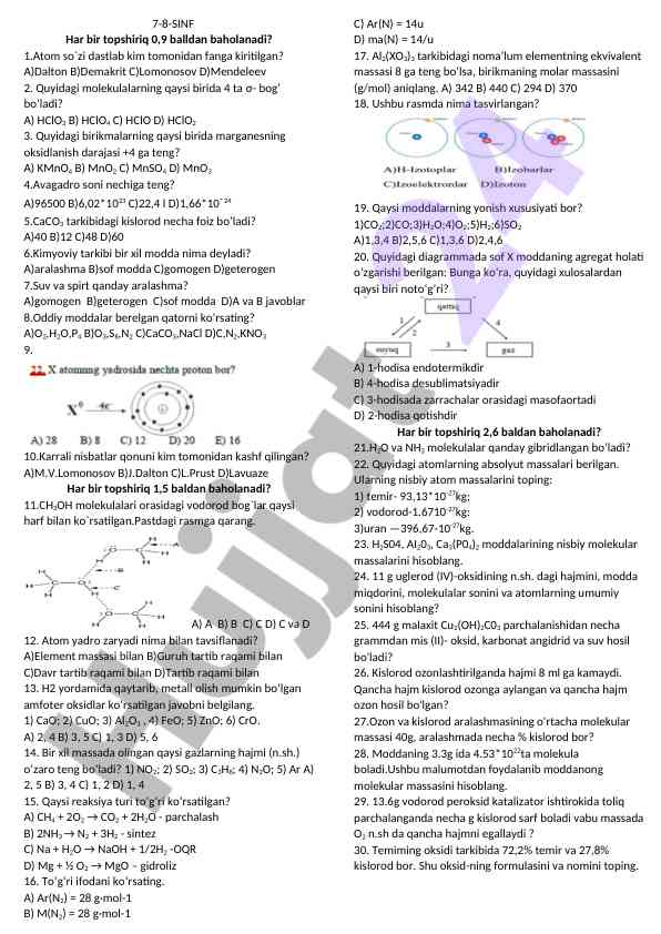 Kimyo fanidan 7-8-sinf test savollari