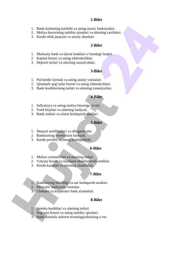 Bank tizimlari va moliya bozori asoslari