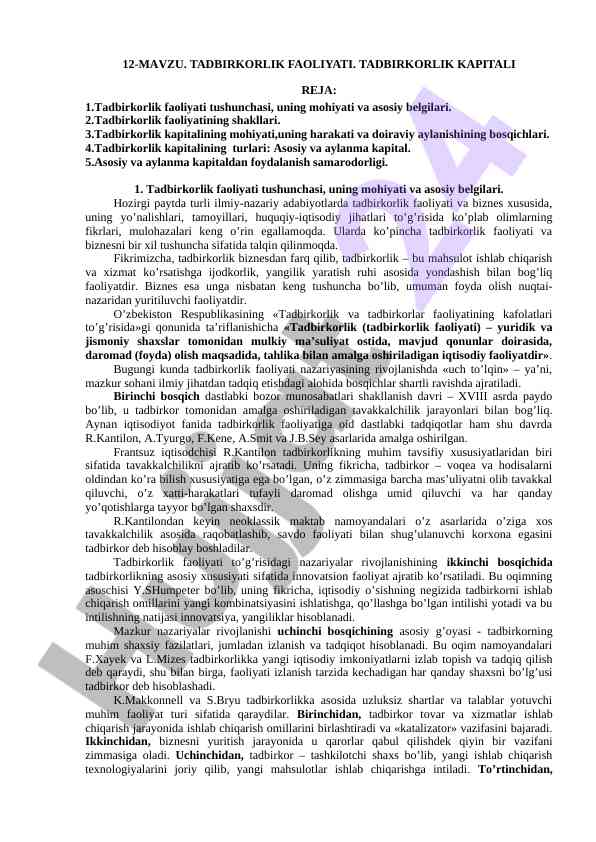Tadbirkorlik faoliyati va kapital asoslari