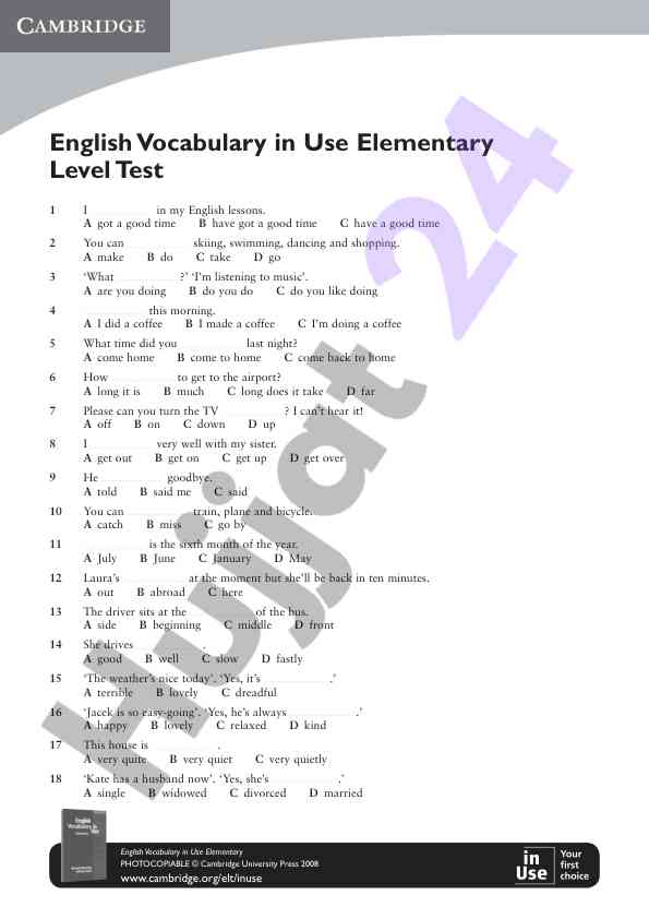 Elementary level english vocabulary test questions