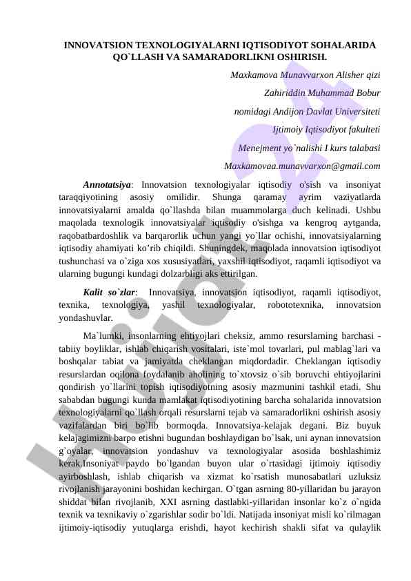 Innovatsion texnologiyalarni iqtisodiyot sohalarida qo`llash