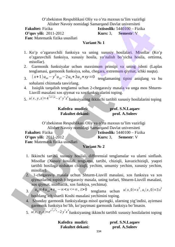 Matematik fizika usullari bo’yicha kurs ishlari