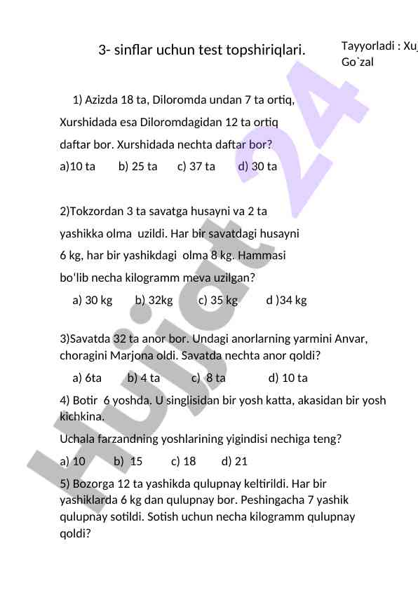 3-sinflar uchun test topshiriqlari