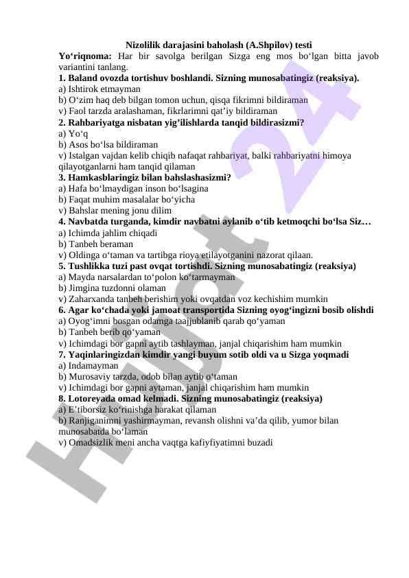 Nizolilik darajasini baholash testi