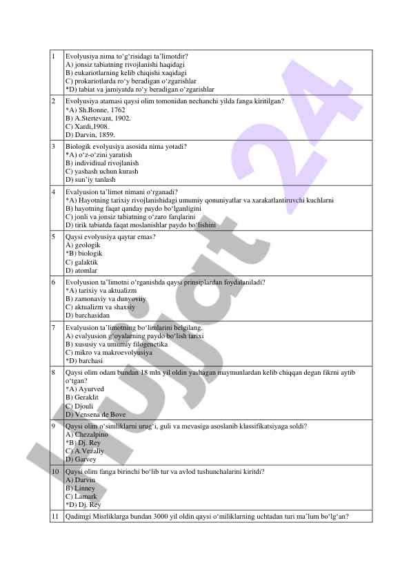 Evolyusiya haqida test savollari