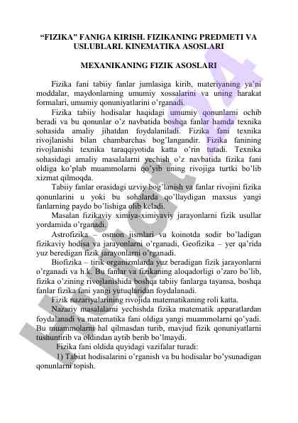 Fizikaga kirish: kinematika asoslari va mexanika