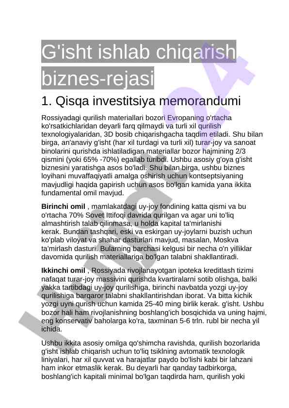 G'isht ishlab chiqarish biznes rejasi uchun qisqa memorandum