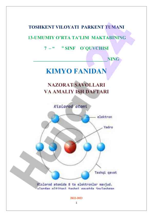 Kimyo fanidan nazorat savollari va amaliy ish