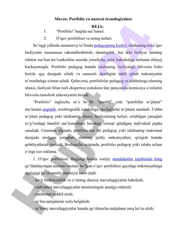 Portfolio va nazorat texnologiyalari haqida ma'lumot