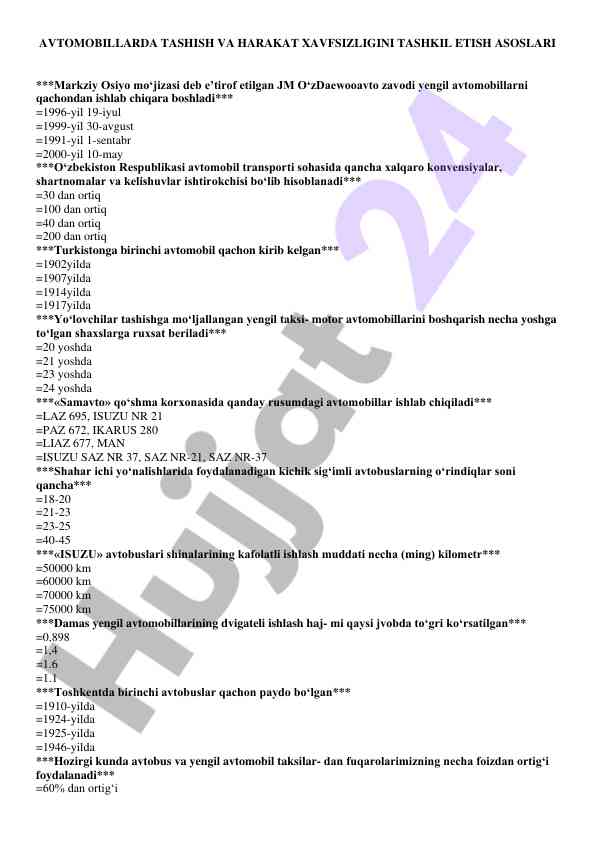 Avtomobillarda tashish va harakat xavfsizligi asoslari