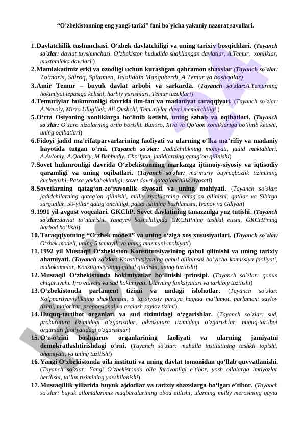 O’zbekistonning eng yangi tarixi fanida yakuniy nazorat
