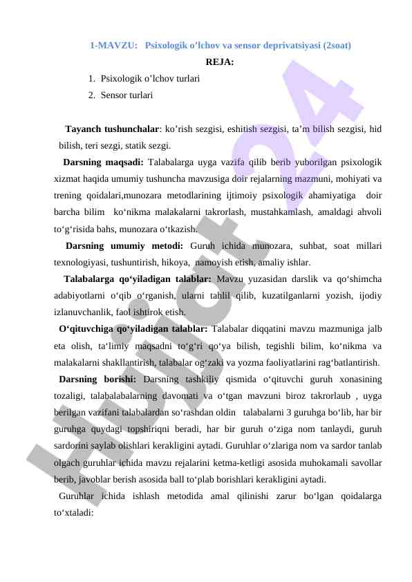 Psixologik o’lchov va sensor deprivatsiyasi