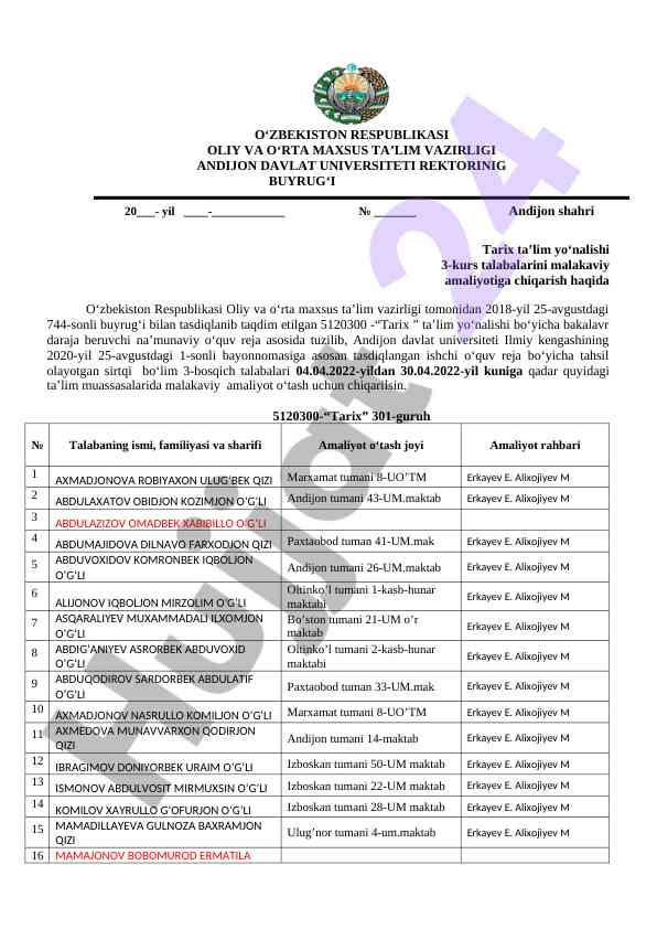 Malakaviy amaliyot rejasining taqdimoti