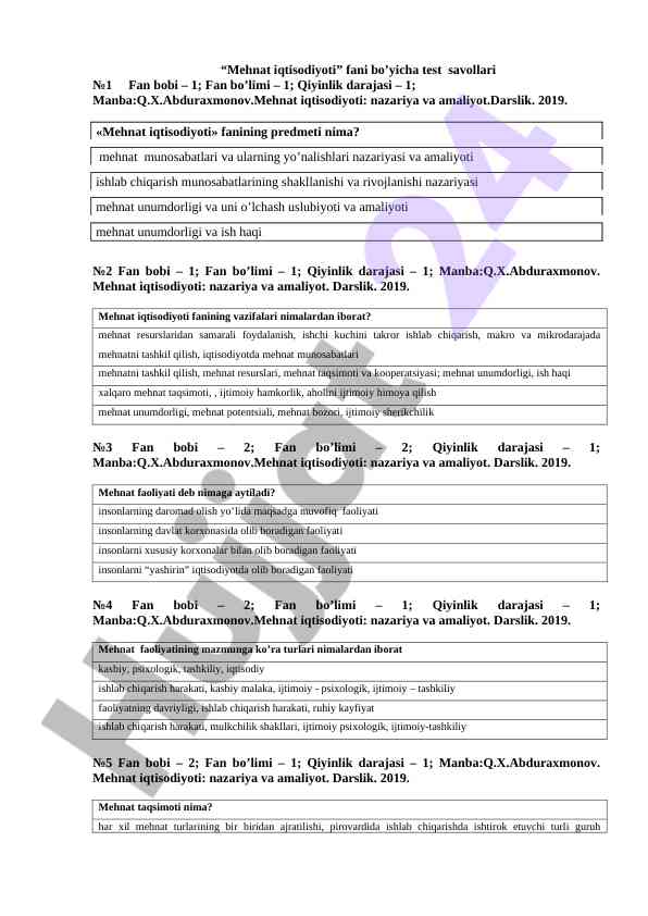 Mehnat iqtisodiyoti test savollari bo'yicha mavzular