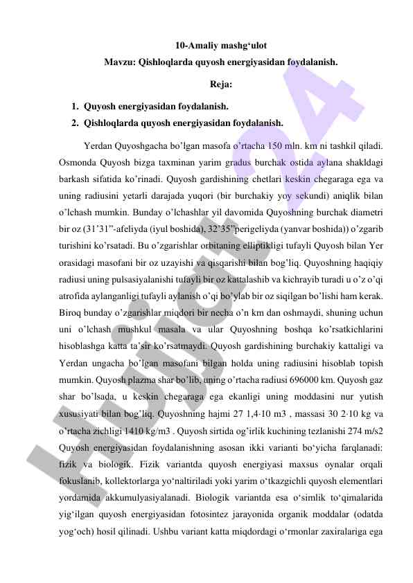 Qishloqlarda quyosh energiyasidan foydalanish