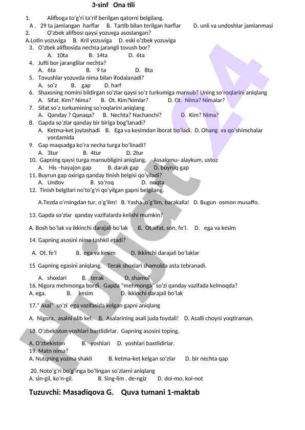 Ona tili alifbosi savollari bilan test