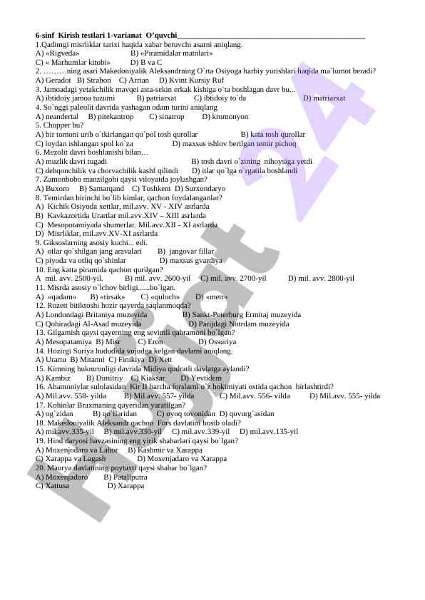 6-sinf kirish testlari 1-variant