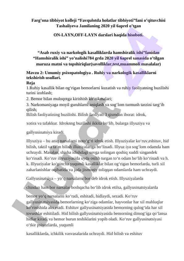 Psixopatologiyada hamshiralik ishining o‘rni