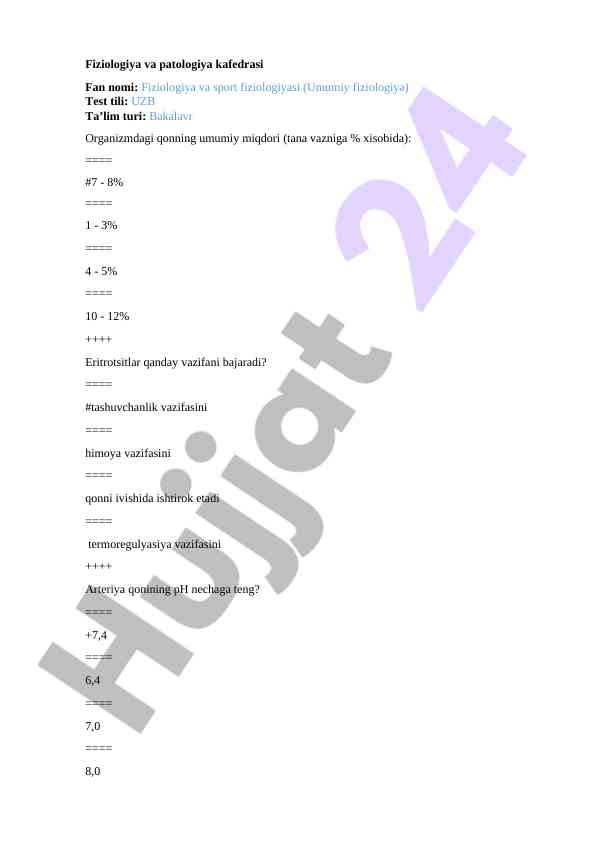Fiziologiya va sport fiziologiyasi testlar