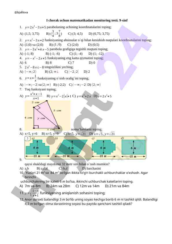 Matematika monitoring testi i chorak uchun