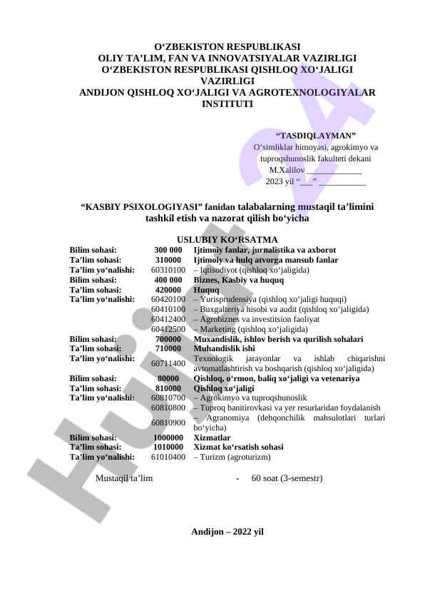 Kasbiy psixologiyasi fanidan mustaqil ta’lim ushbu qo‘llanma
