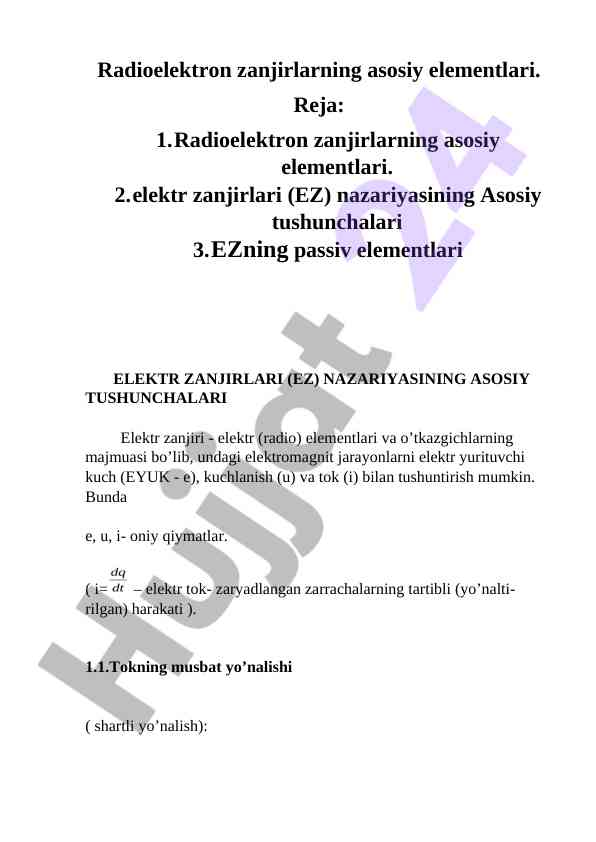 Radioelektron zanjirlarning asosiy elementlari