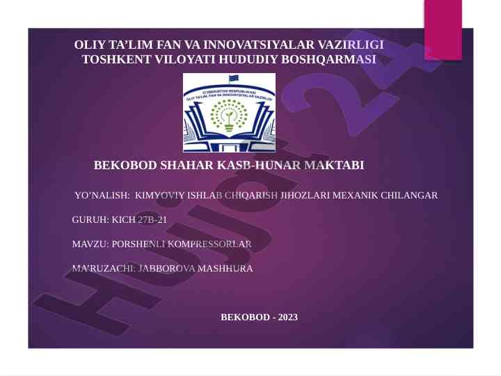 Porshenli kompressorlarning turlari va ishlash printsiplari