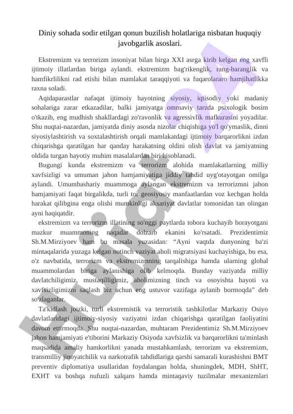 Diniy sohada qonun buzilishlariga huquqiy javobgarlik