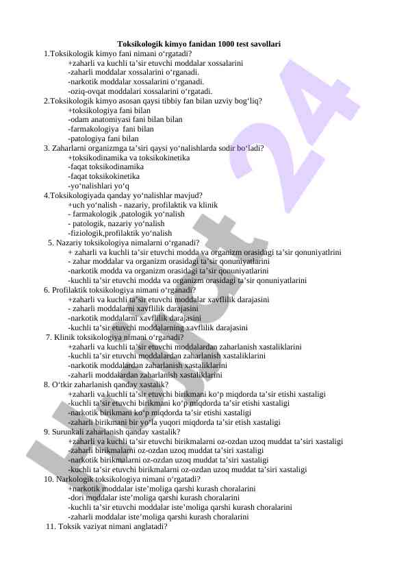 Toksikologik kimyo fani bo‘yicha 1000 test savollari