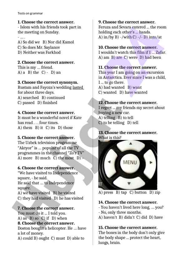 English language test questions and answers