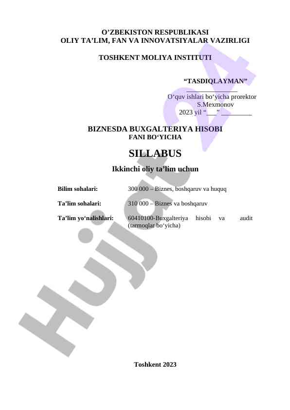 Biznesda buxgalteriya hisobi fanidan sillabus