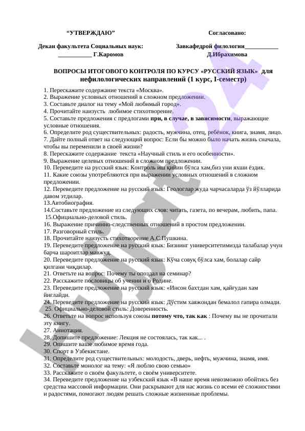 Вопросы итогового контроля по русскому языку