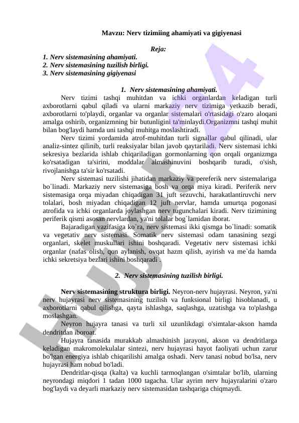 Nerv tizimining ahamiyati va gigiyenasi