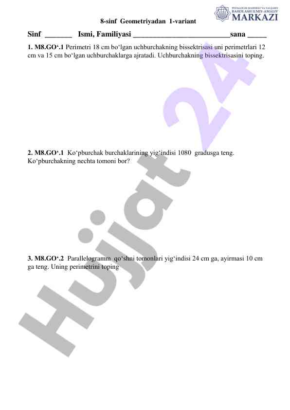 Geometriya 8-sinf test savollari 1-variant