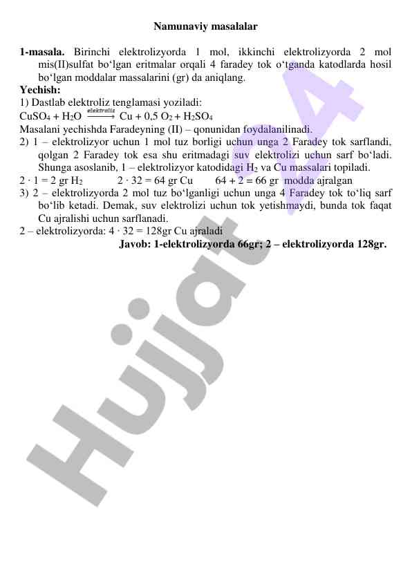 Electroliz jarayonida moddalar massalari hisobi