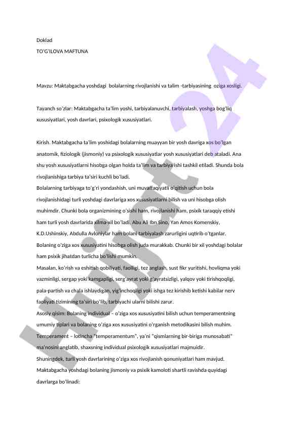 Maktabgacha ta’limdagi bolalarning rivojlanishi