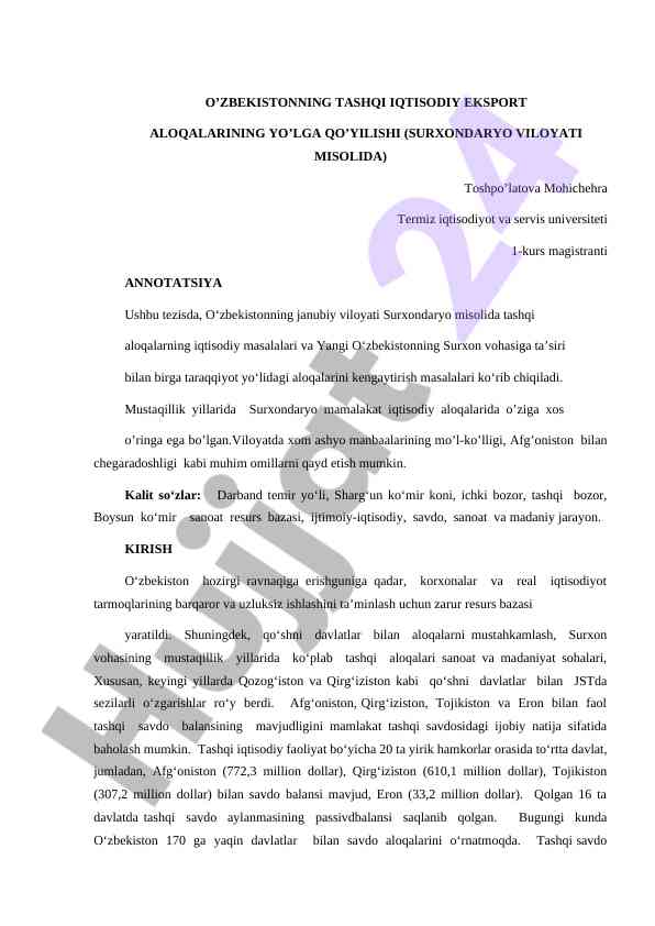 O'zbekistonning Tashqi Iqtisodiy Eksport Aloqalari