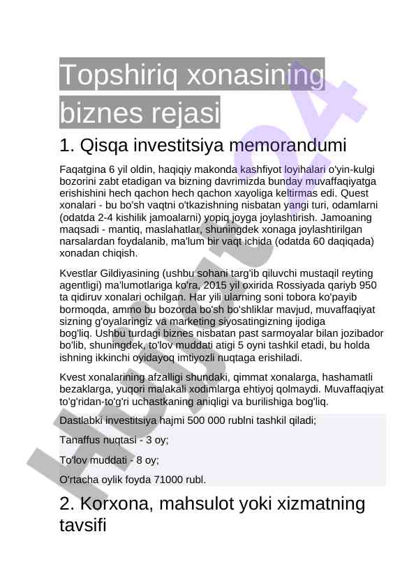 Qisqa investitsiya memorandumi uchun biznes rejasi