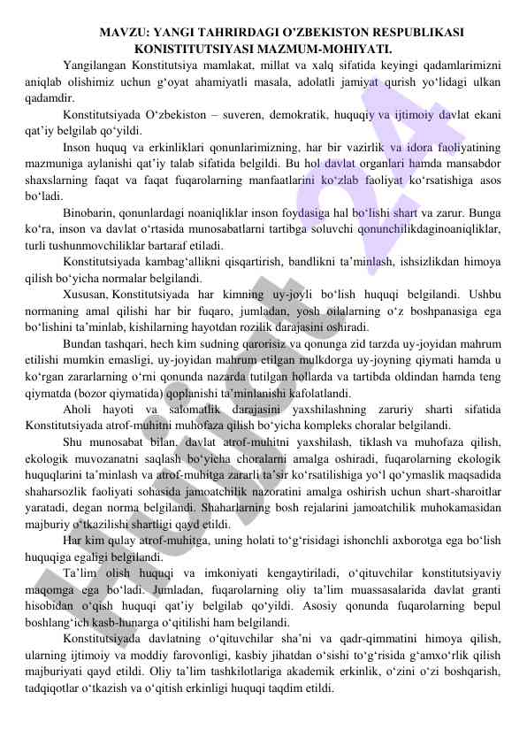 Yangilangan o'zbekiston respublikasi konstitutsiyasi muhokamasi