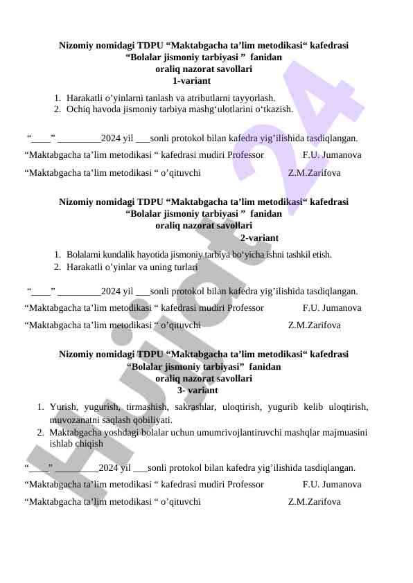 Bolalar jismoniy tarbiyasi fanidan oraliq nazorat savollari