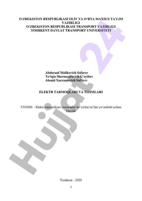 Elektr tarmoqlari va tizimlari darslik 2020