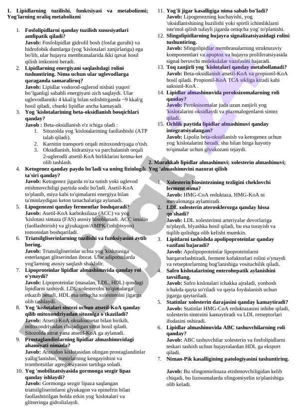 Lipidlarning tuzilishi va metabolizmi tahlili