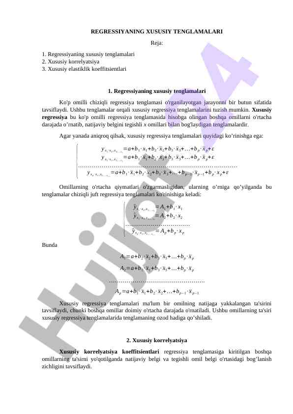Regressiyaning xususiy tenglamalari va korrelyatsiya