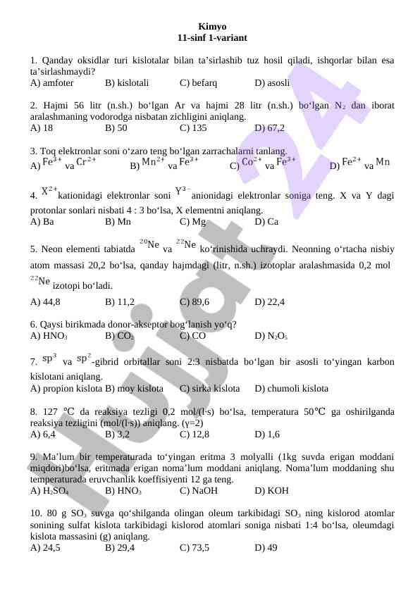 Kimyo 11-sinf test savollari